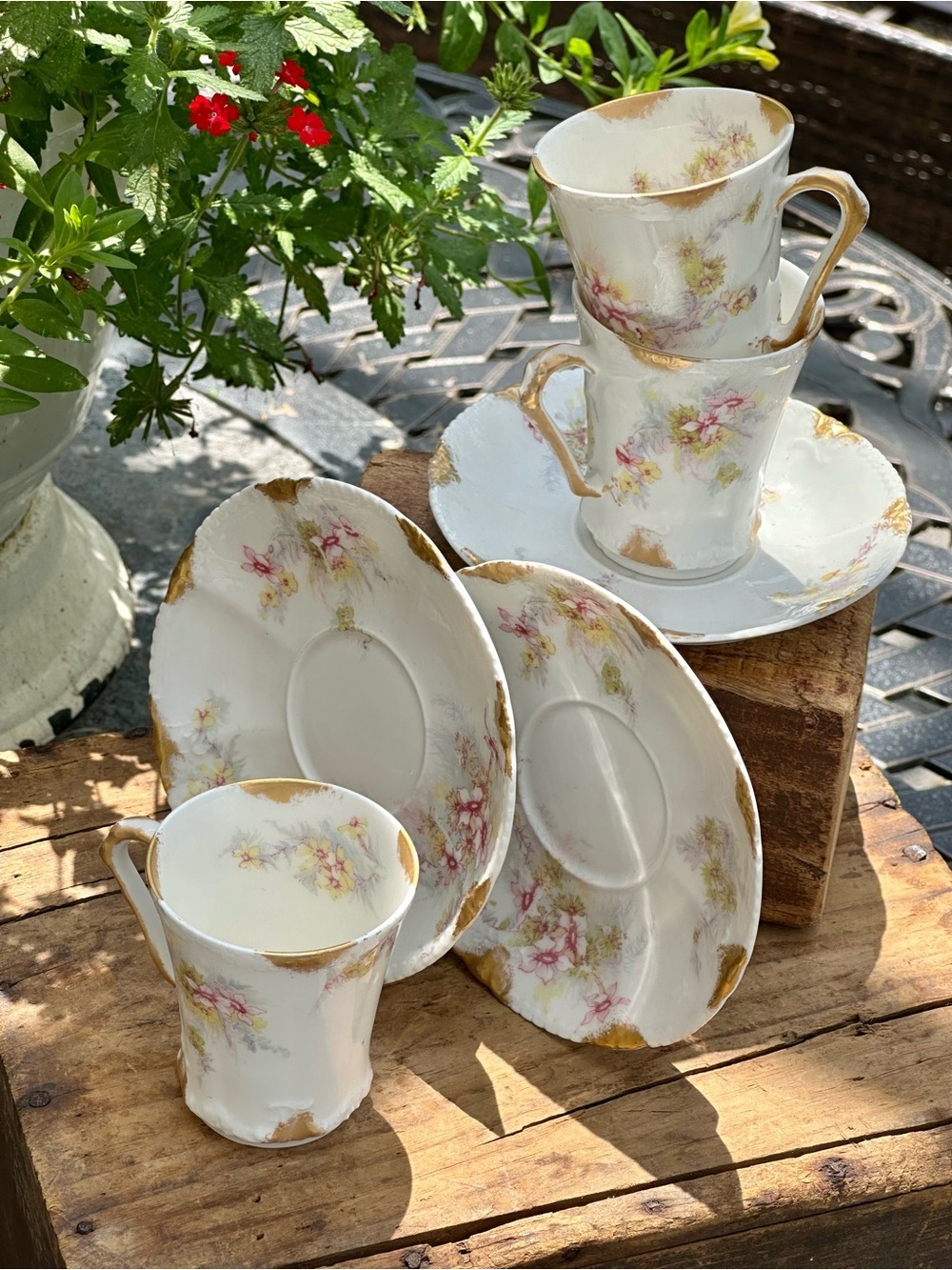 Antique Theodore Haviland Limoges France 3 Cup & Saucer Set Floral Gold